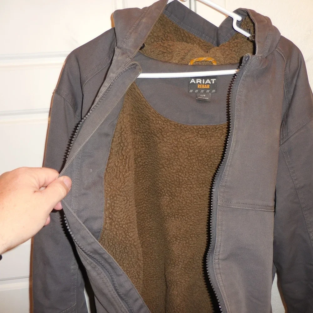 Ariat Rebar Mens Large Grey Sherpa Lined Canvas Hooded Work Jacket Coat 10023919